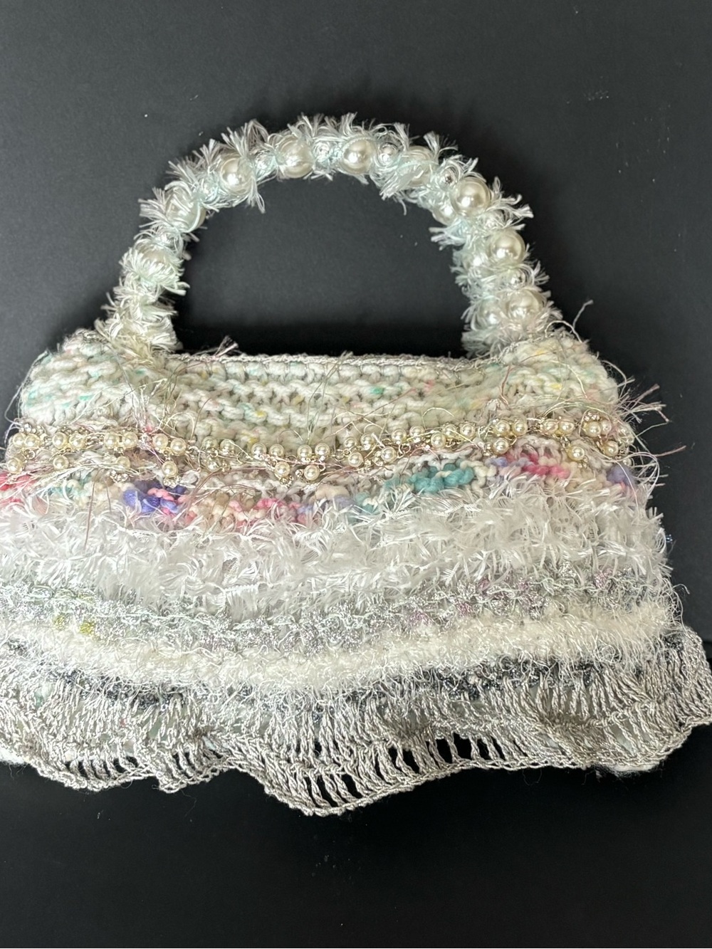Pearl-Trimmed White Handwoven Mini Bag